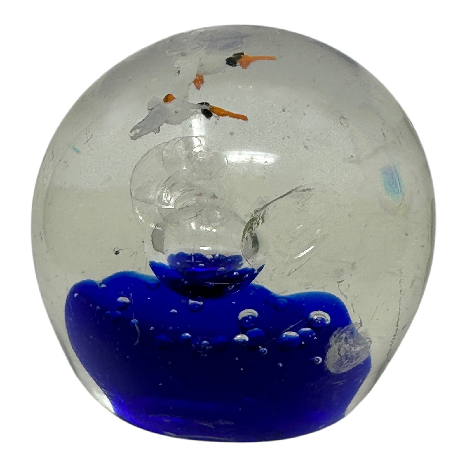 Vintage Art Glass Paperweight Cobalt Blue Seagulls Ocean Scene Bubbles 2½”