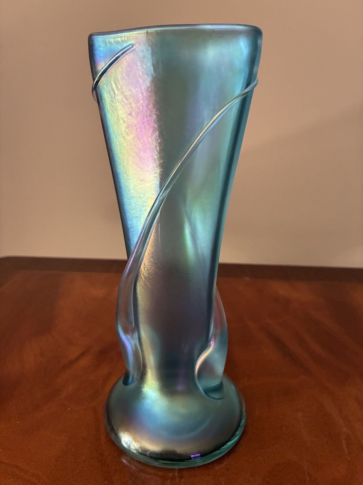 Zellique Glass Studio Iridescent Blue 8” Art Glass Vase Signed JM Joseph Morel