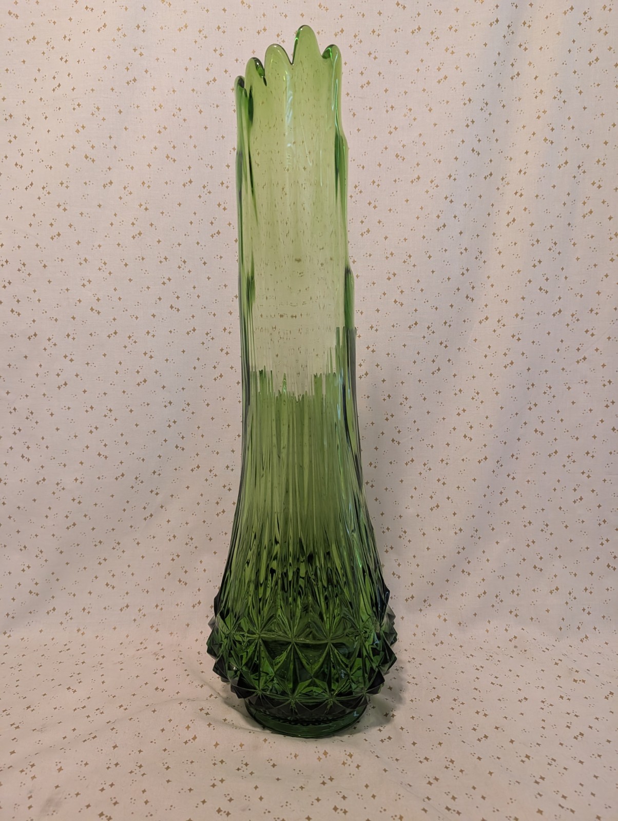 L.E. Smith Diamond Butt Swung Vase Avocado Green 22” MCM Glass