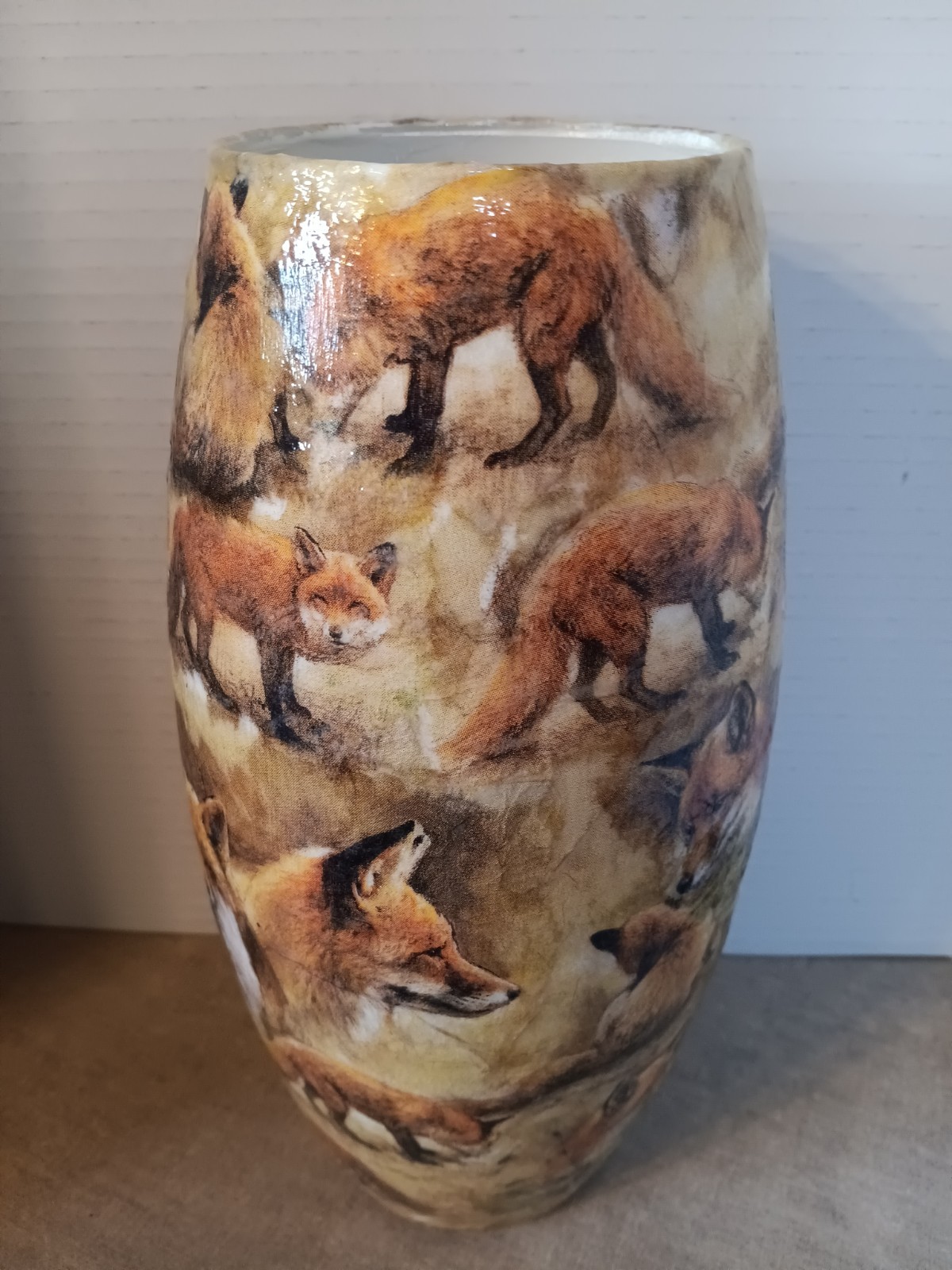 DECOUPAGED RED FOX GLASS 10 1/4” VASE, MADE BY ME
