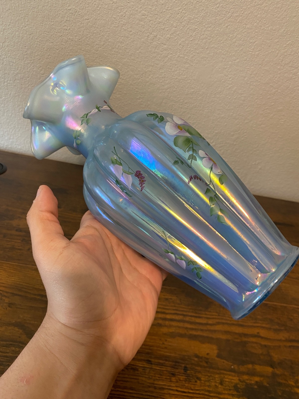 VTG FENTON FOR COYNE Sapphire Blue Opalescent Floral Melon Vase #851, 11 1/8″H