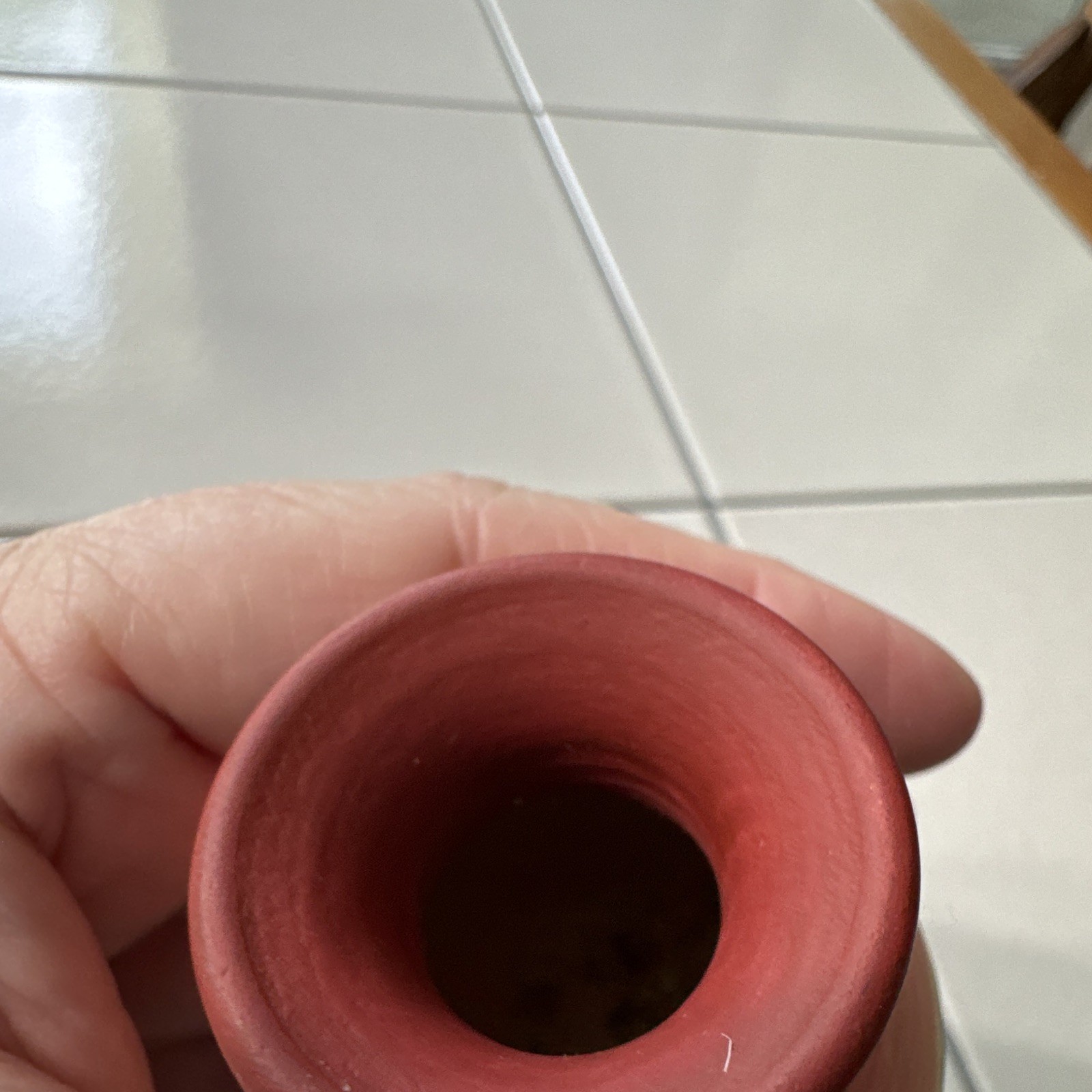 Hand-Painted Clay Vase, Signed Leon, Red Multicolor Matte Finish, 2 1/2 in