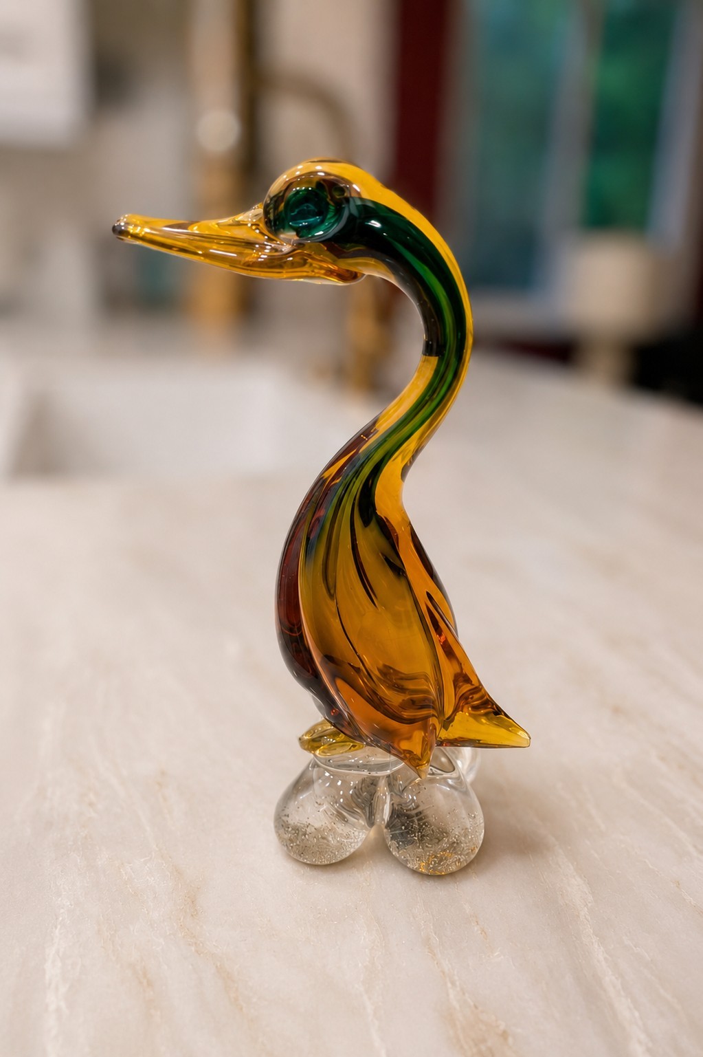 Vintage 60s MURANO ART GLASS Venetian Large Amber/Green Heavy Glass Duck