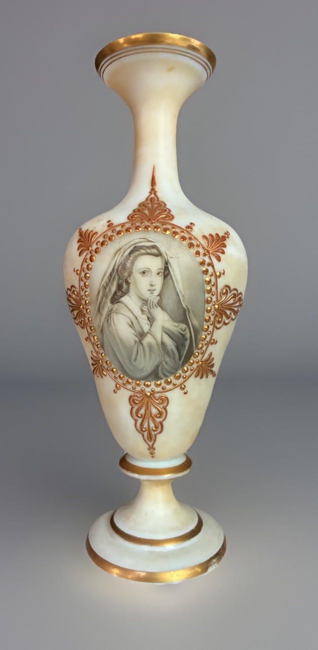Baccarat Opaline Glass Vase With Hand Painted Woman Signed