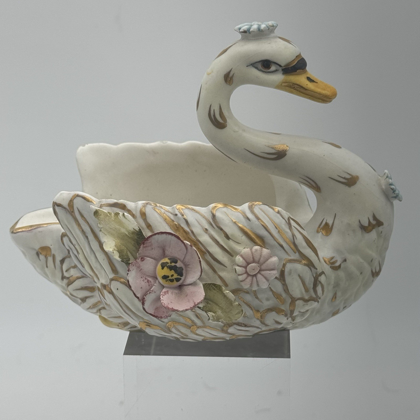 Vintage 50’s-60’s Ardalt Fiori Antico Swan Bowl Gilded w/ Flowers No Chips Italy