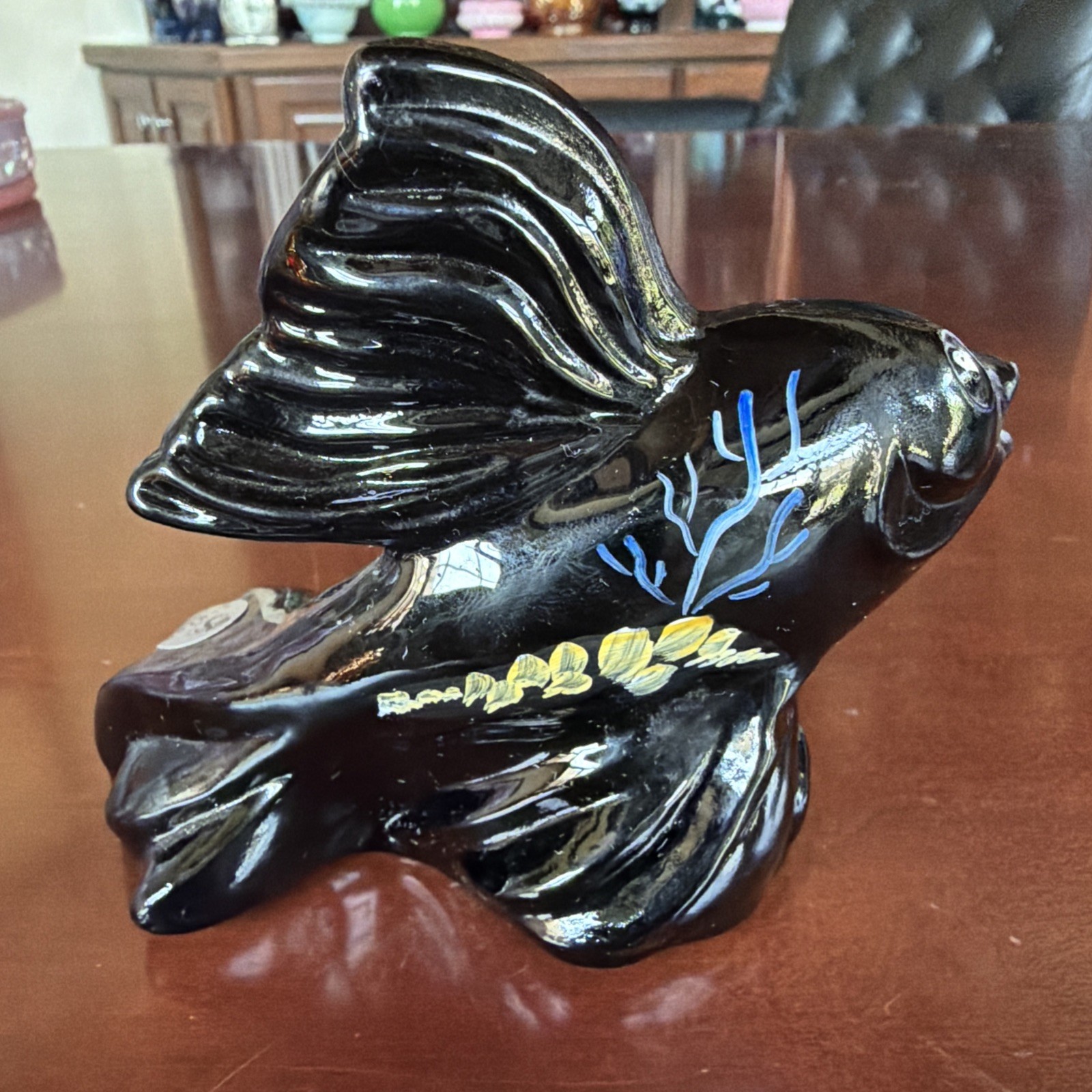 Fantastic Fenton Glass Black Ebony Koi Fish/Asian Goldfish Hand Painted Signed