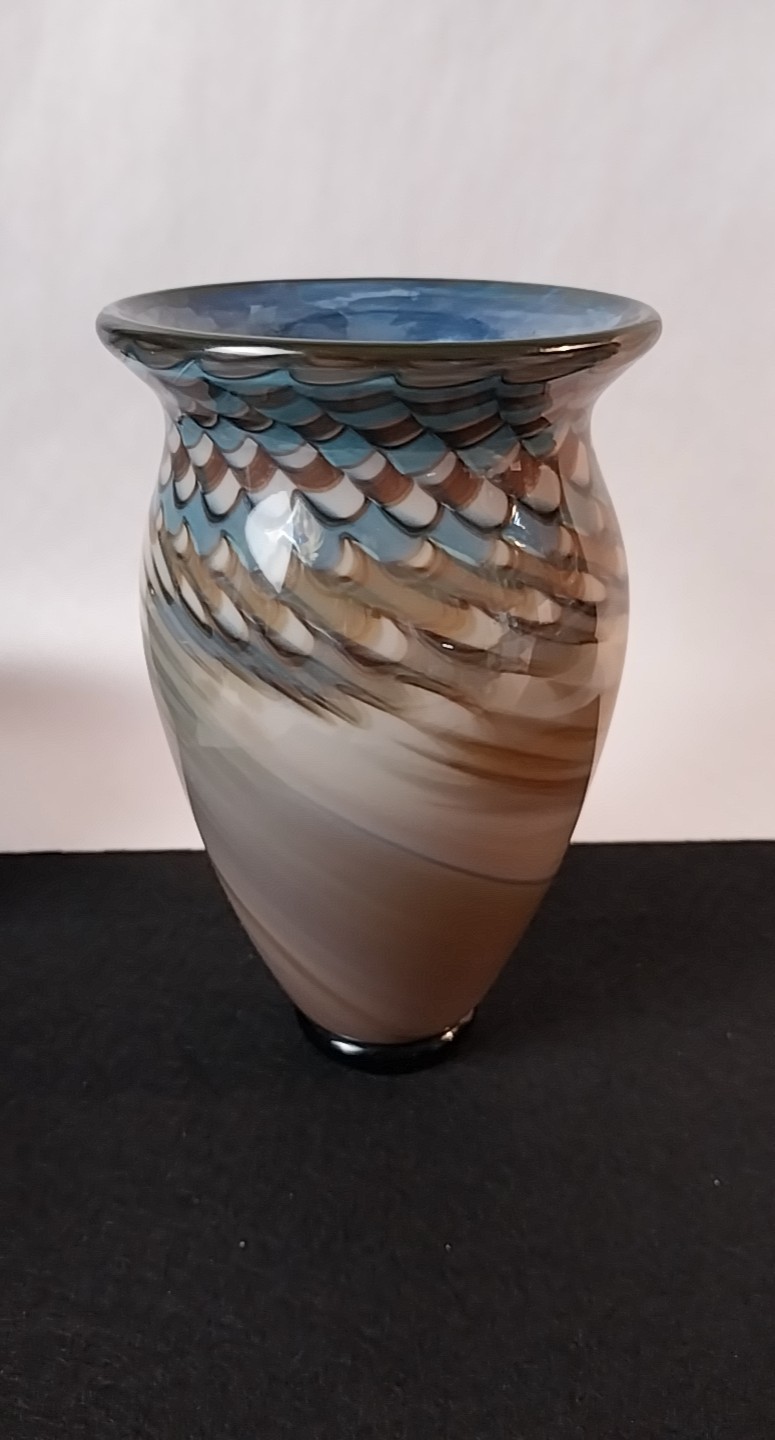 VTG Signed Nancy Freeman Art Glass Vase Peacock Feather 6.5″ Amazing & Perfect!!