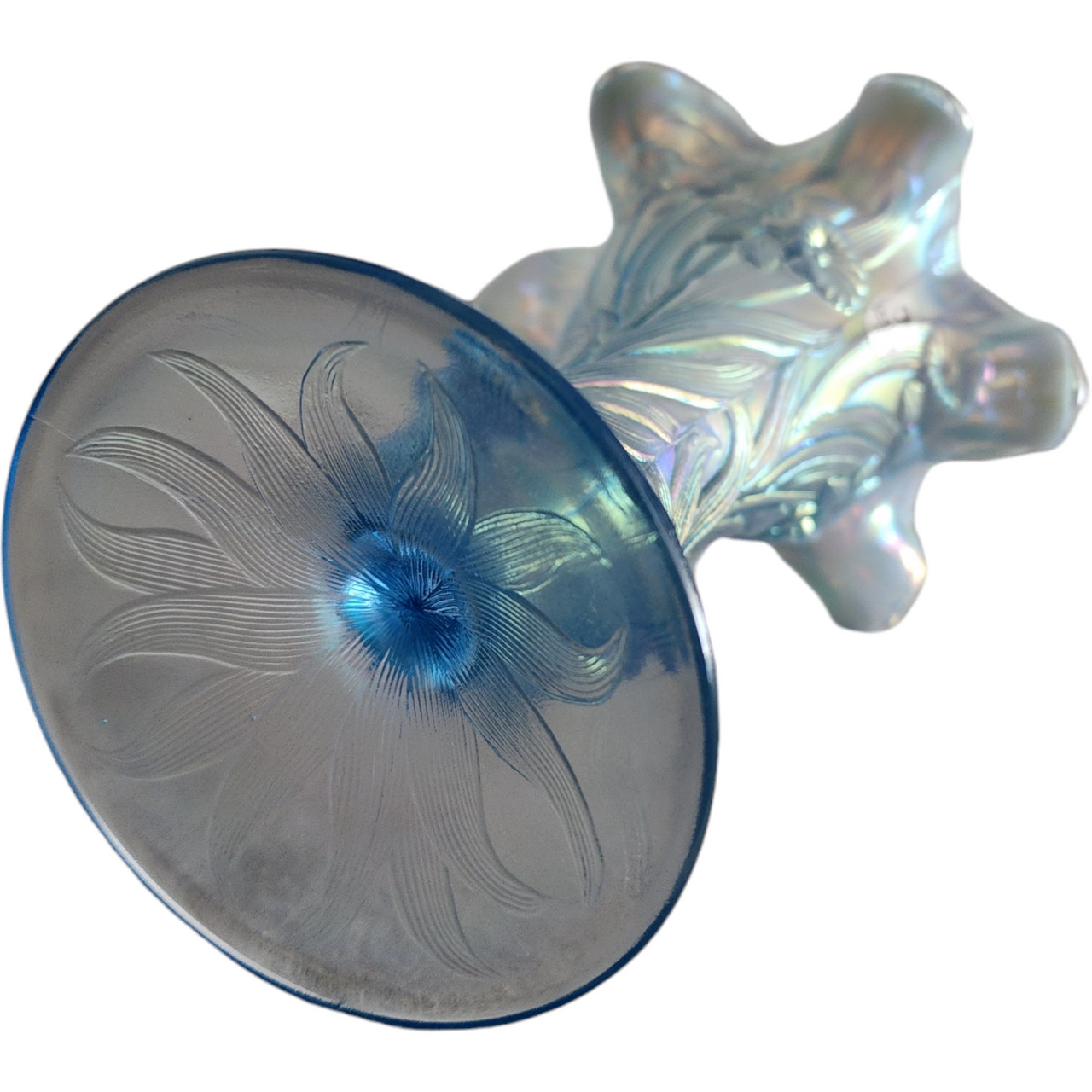 7″ Fenton Art Glass Misty Blue Satin Opalescent Iridescent Daffodil Footed Fl…