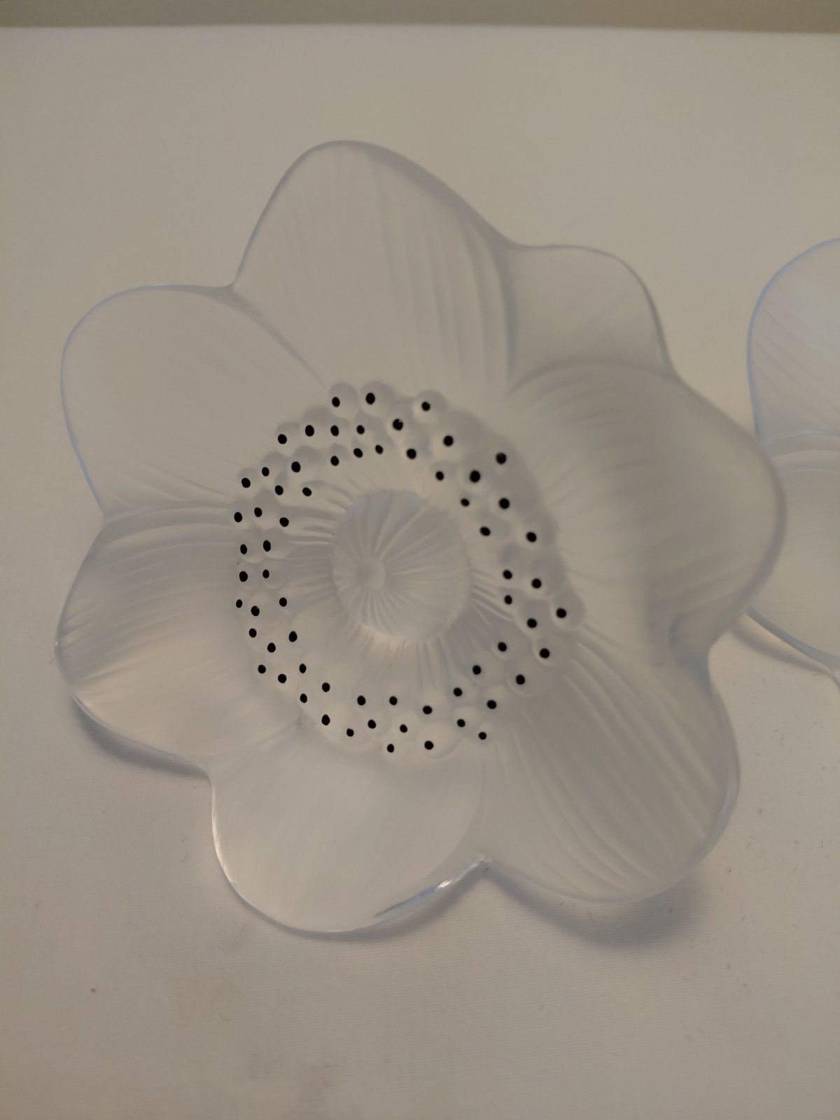 Vtg Rene Lalique Signed Frosted Crystal Anemone Floral W/Black Enamel Sculpture