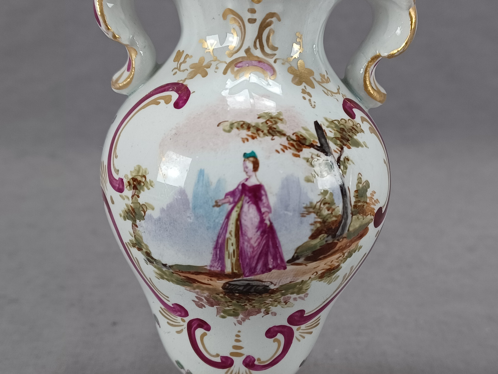 Pair of Late 19th Century French Hochst Style Hand Painted Watteau Faience Vases