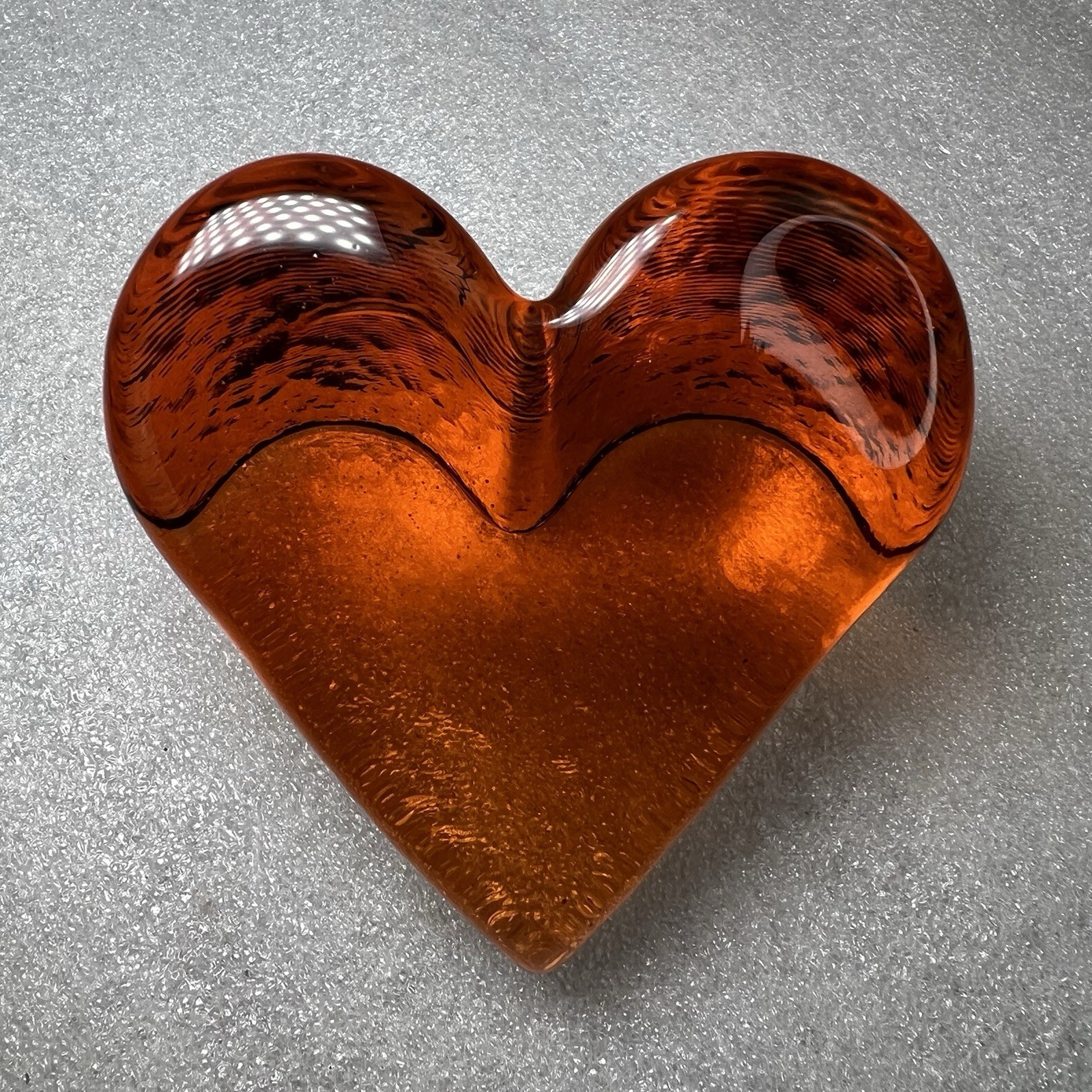 FIRE & LIGHT Amber Heart Glass Paperweight Orange/Copper Recycled Art Glass Sign