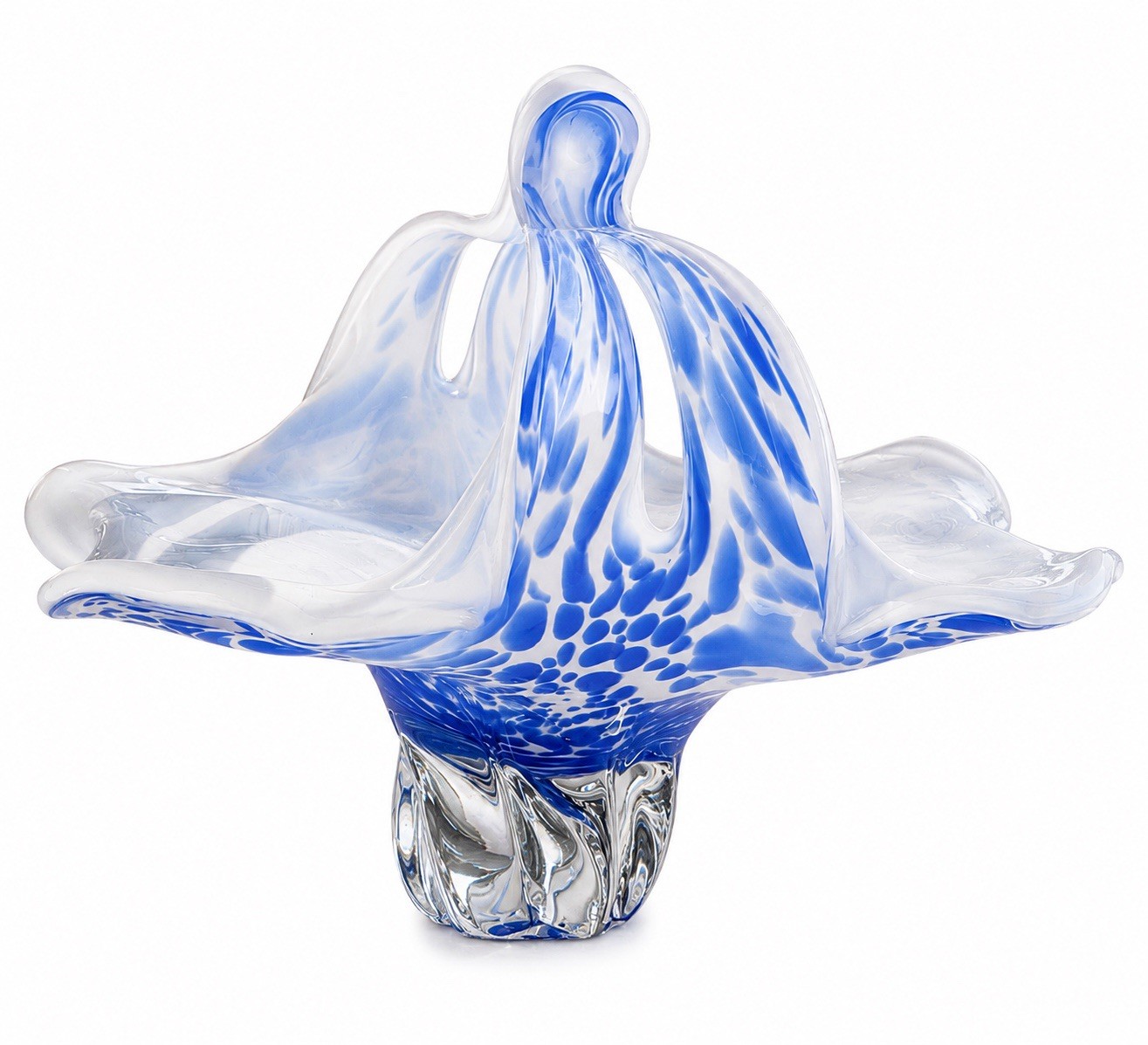 Royal Gallery Poland Blue White Hand Blown Art Glass Basket Centerpiece 1999