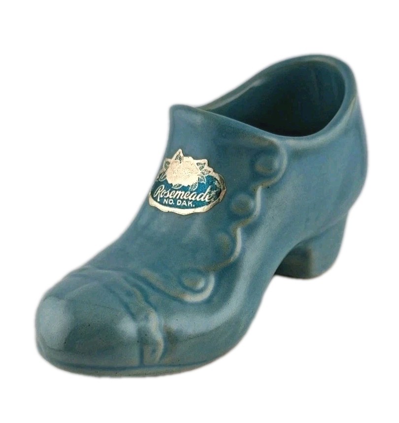Vtg Rosemeade No. Dakota Pottery Women’s Button Shoe Figurine Blue Trinket Decor
