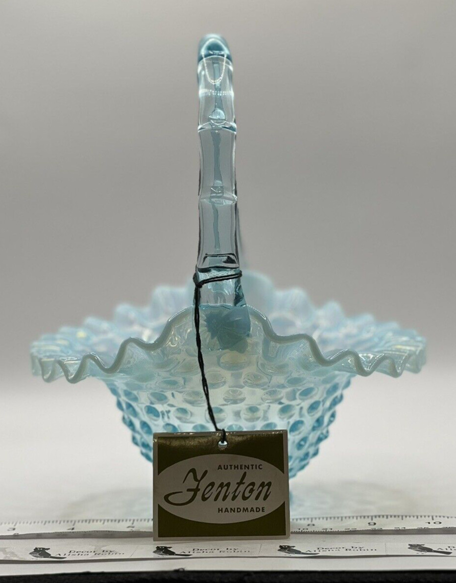Fenton Aqua Blue Opalescent Hobnail Basket Ruffle Top Aqua Glass Handle MINT