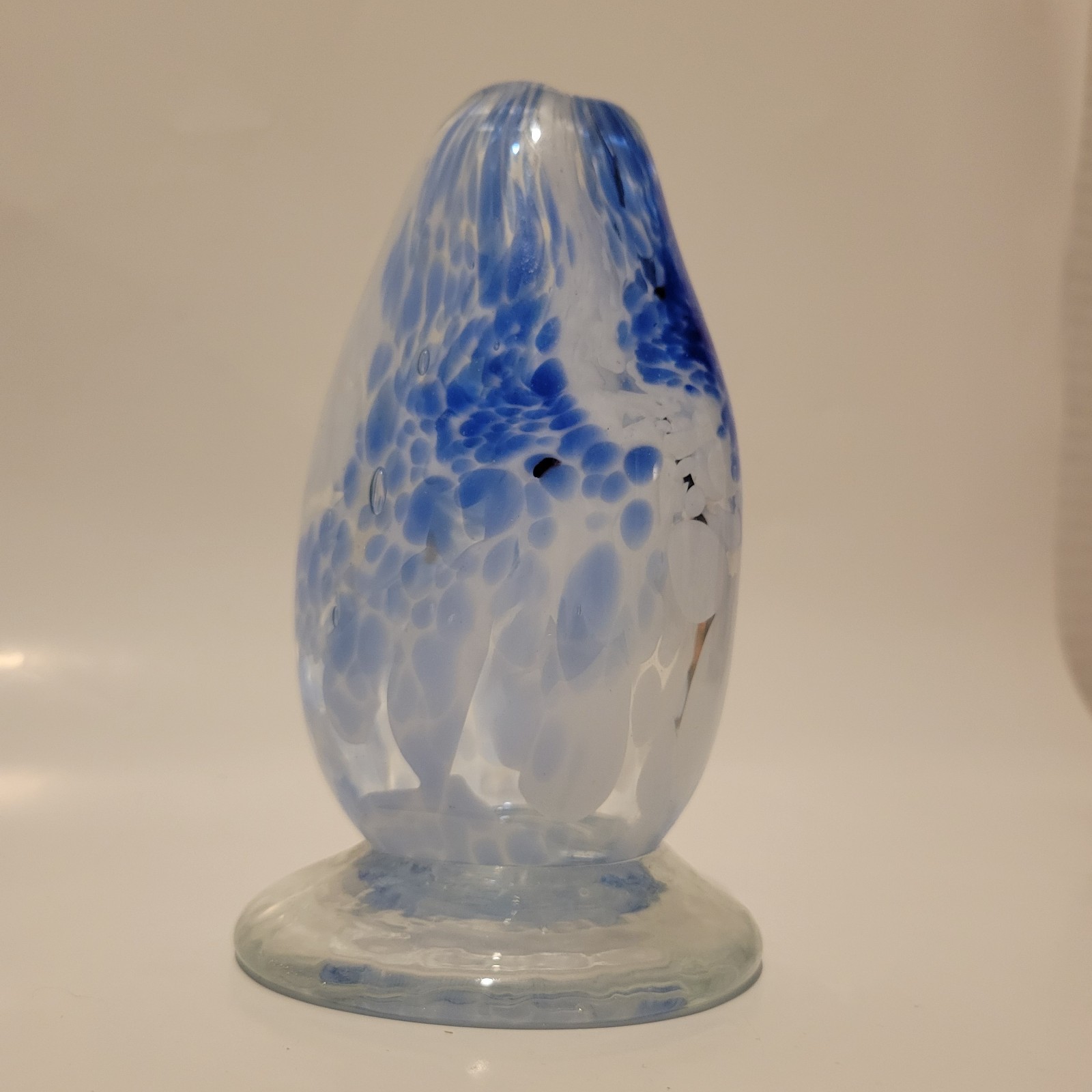 Art Glass Pedestal Bud Vase Swirls of Cobalt Blue, white in Clear – Paperweight?