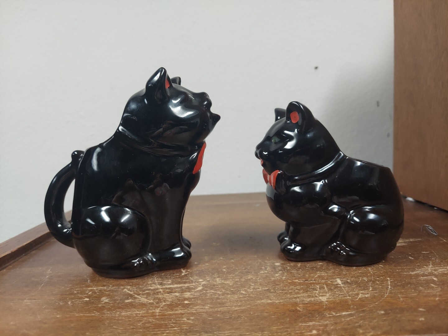 Shafford Redware Black Cat Creamer (5.5″ T) & Sugar (4.5″ T) Vtg 50-60s MCM VGUC