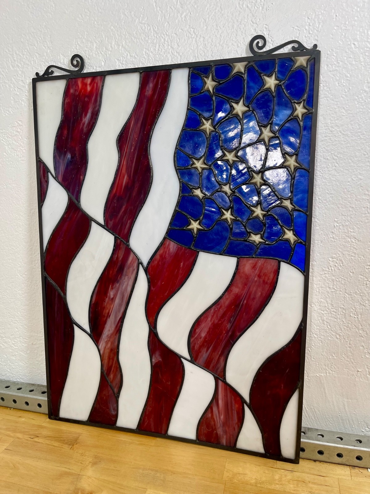rare Vintage 21..5″ x 16″ Stained Glass Hanging American Flag 250th Anniversary