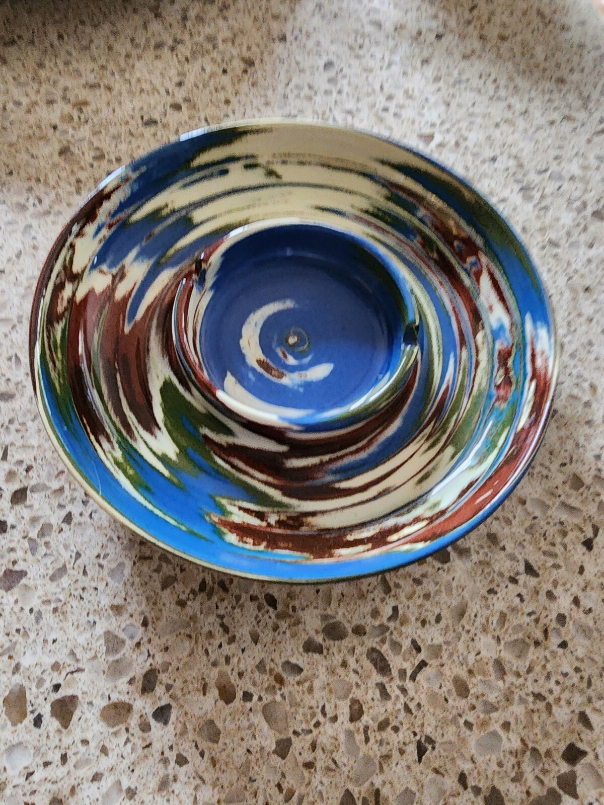 Large Desert Sands Swirl Pottery Colorful Ashtray – Brown, Yellow, White, Green 