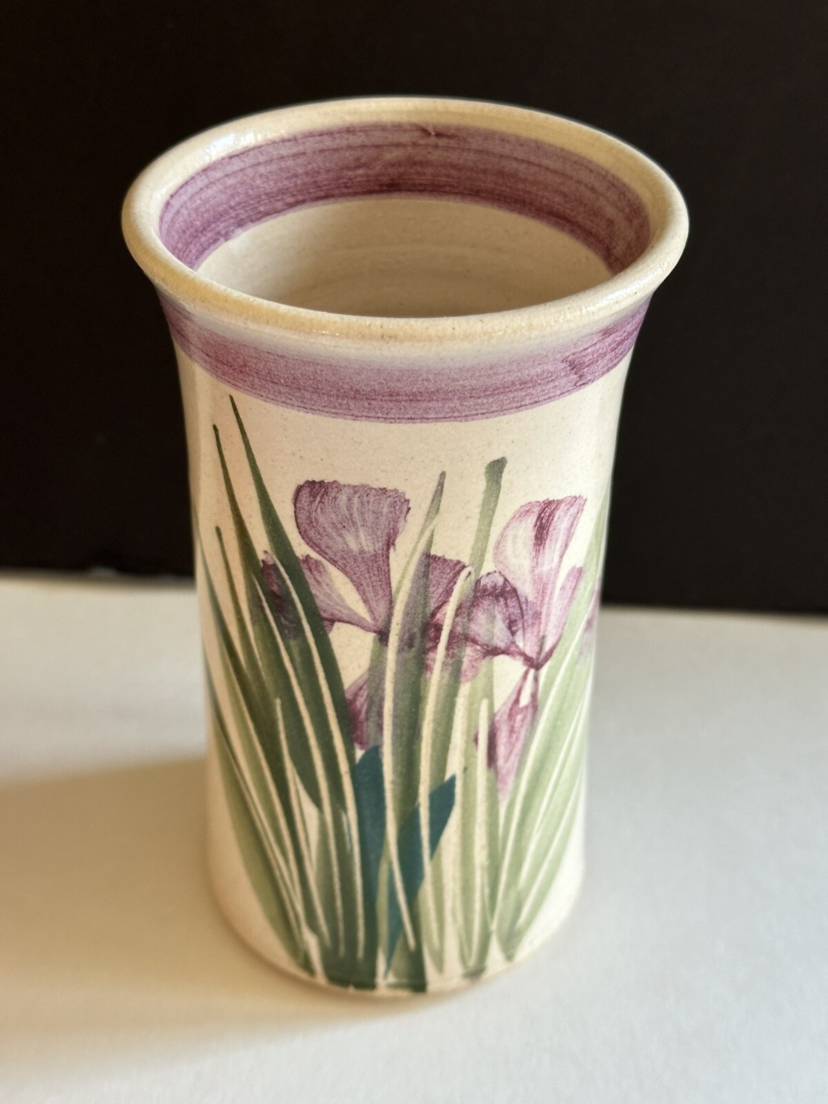 Studio Art Hand Thrown Pottery Vase Iris Hand Painted Artist Signed 6” USA