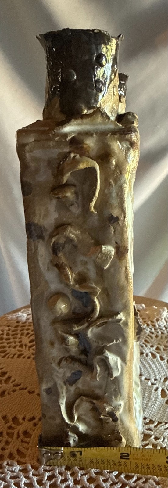 Vintage Stoneware Brutalist Textured Studio Pottery Rectangular Vase 9″ Bev 1975