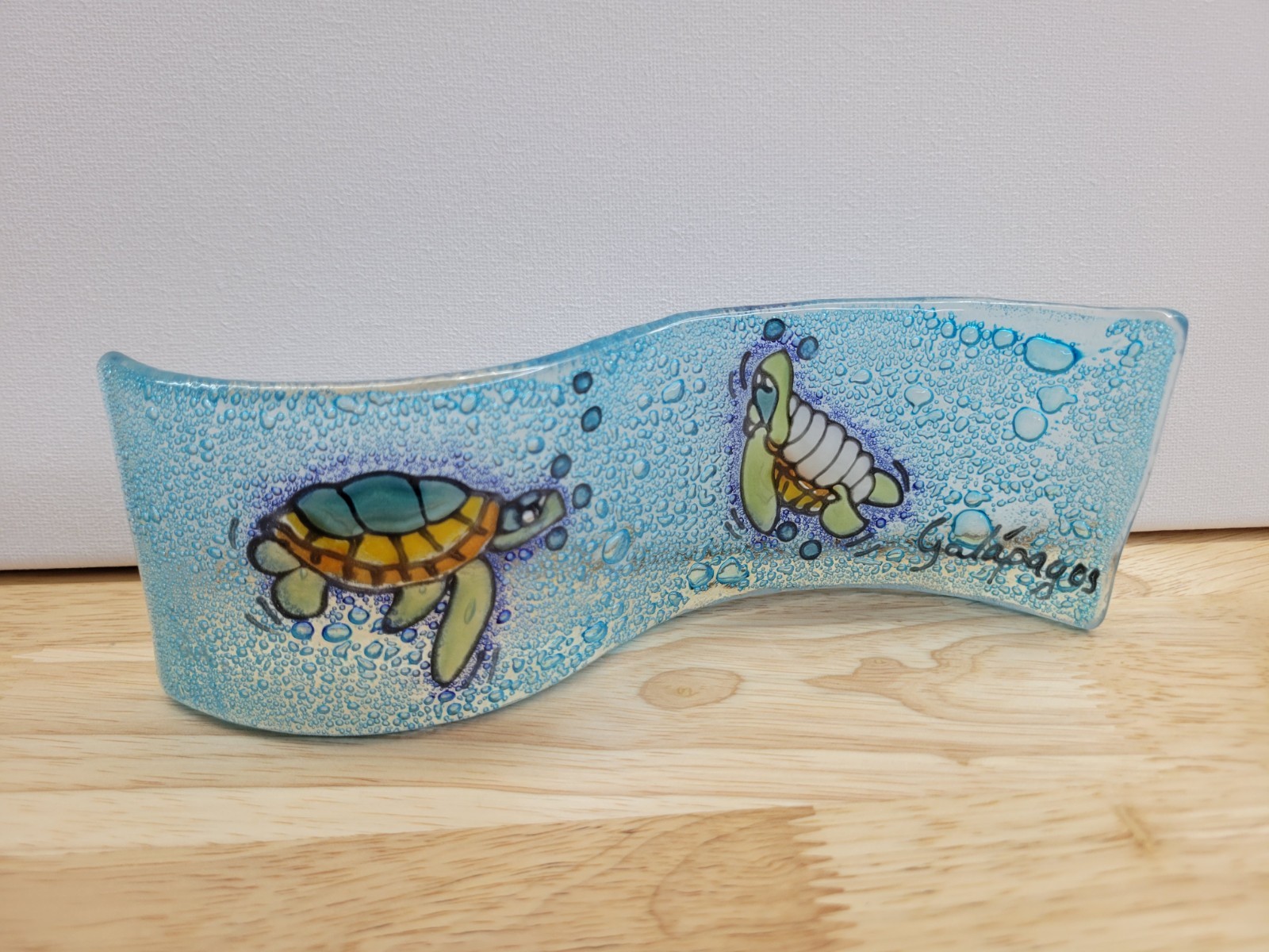 Galapagos Fused Glass Sea Turtle Wave Sculpture Signed Art Glass Ocean Decor 7″