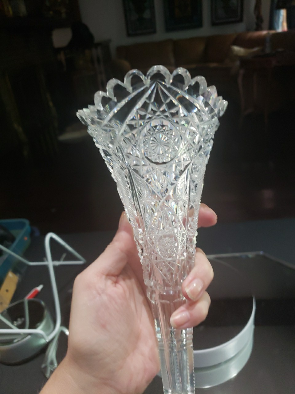 10″ Trumpet VASE, American Brilliant Period Cut Glass Egginton Creswick Quality