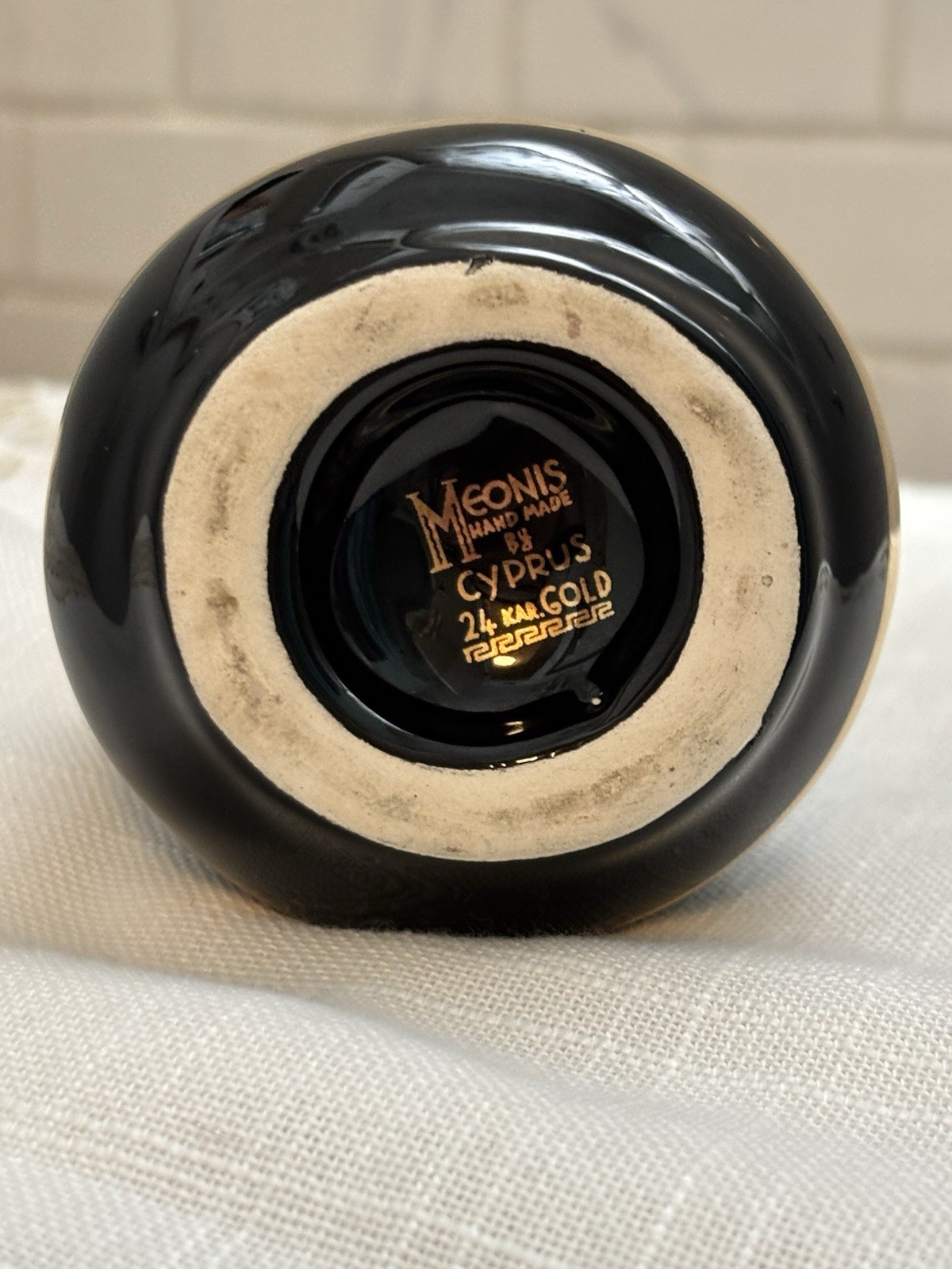 Vintage Handmade Black Art Glass 24K Gold Greek Mythology Meonis Vase
