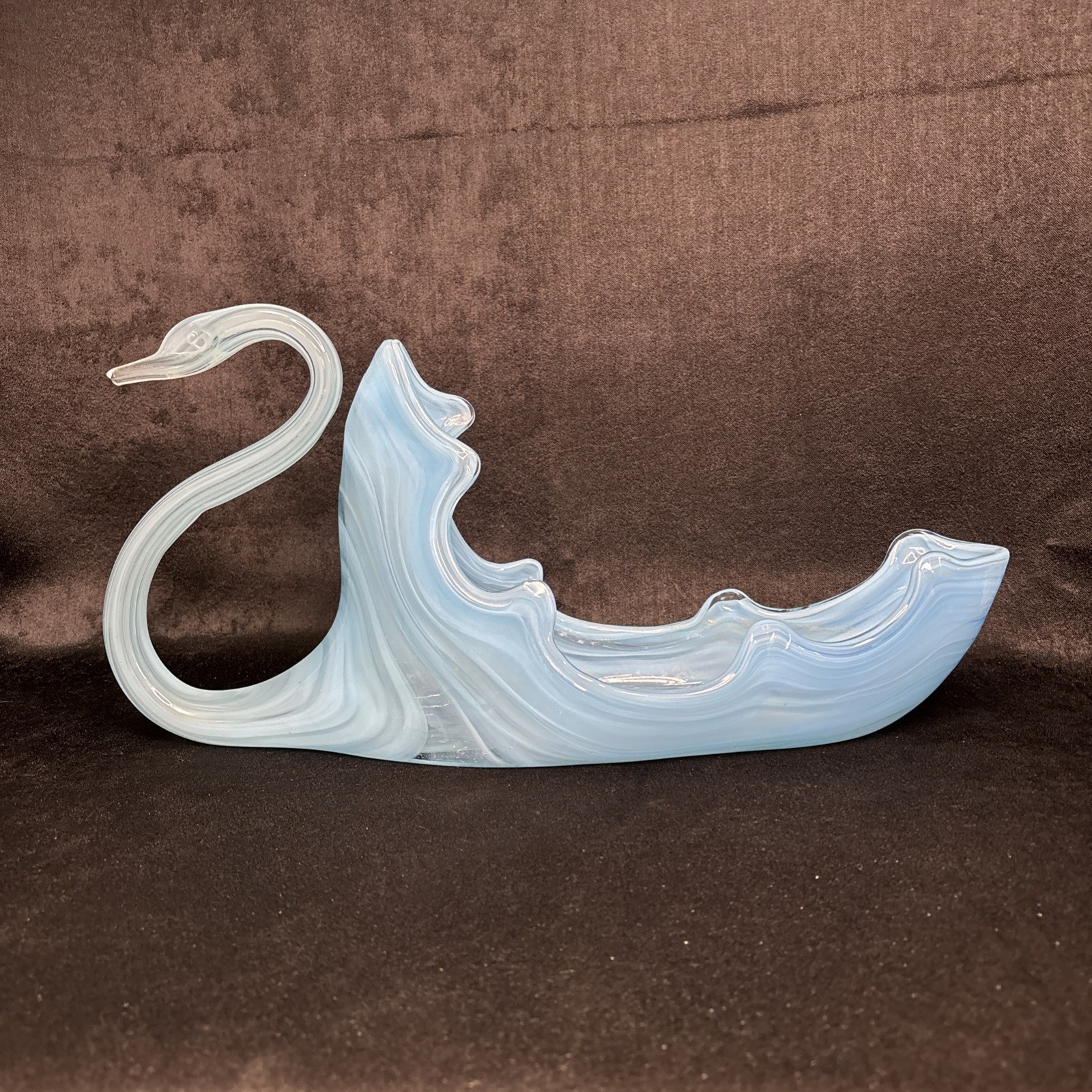 Vtg Sooner Art Hand Blown Glass Swan Planter Baby Blue Swirls Color 18″x5″x9″