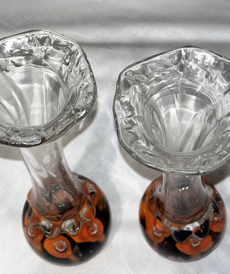 Pair Matching Joe Rice Vtg Art Glass Paperweight Bud Vase Clear Orange Flowers