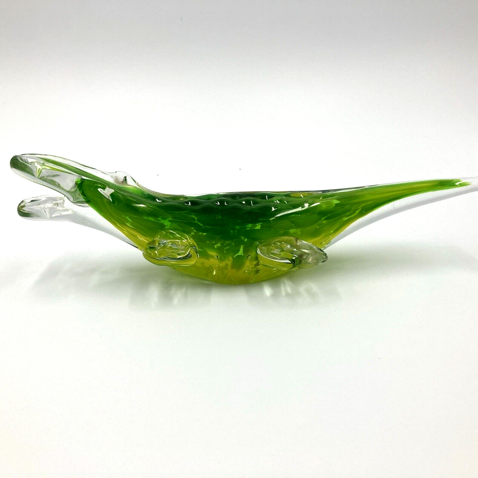 Crocodile Alligator Art Glass Figurine 8″ Long Hand Blown Green w Yellow w Clear