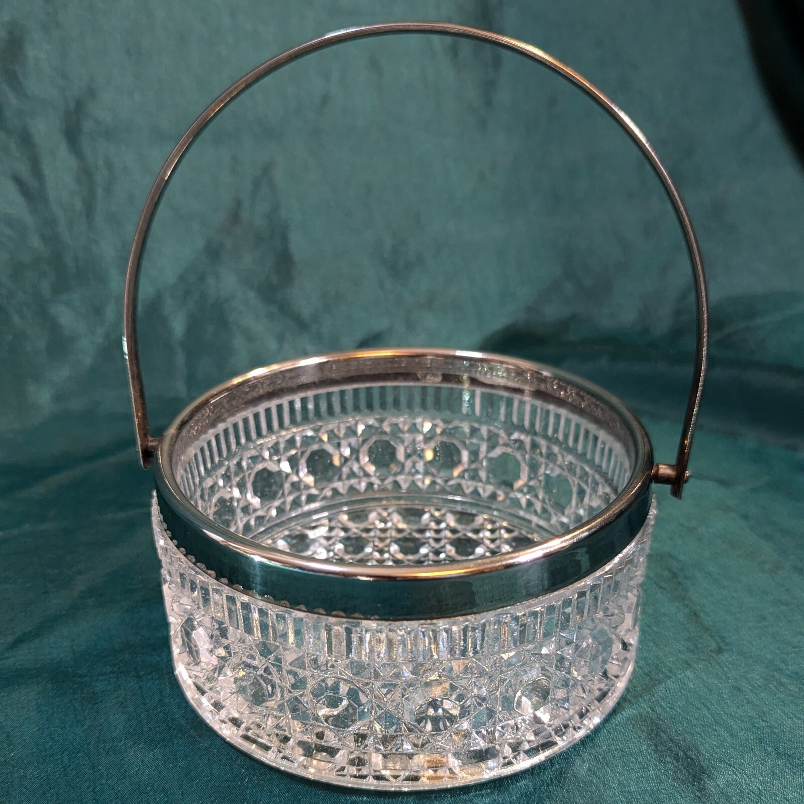 Glass Basket Bowl Silverplate Rim & Handle 4.5″ Pressed Button Pattern VTG Gift!