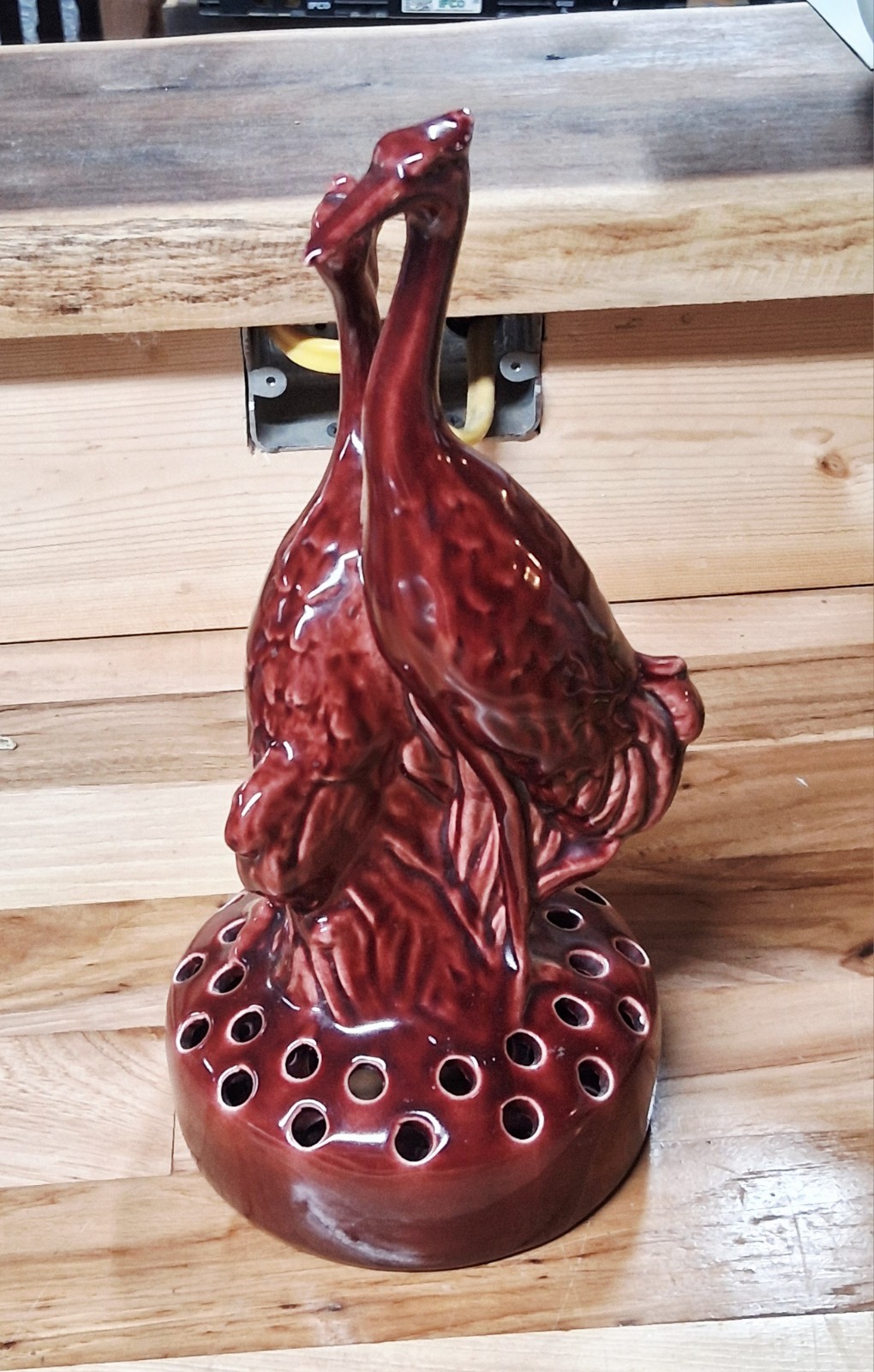 Vintage Carmark Pottery Burgundy Standing Cranes Flower Frog