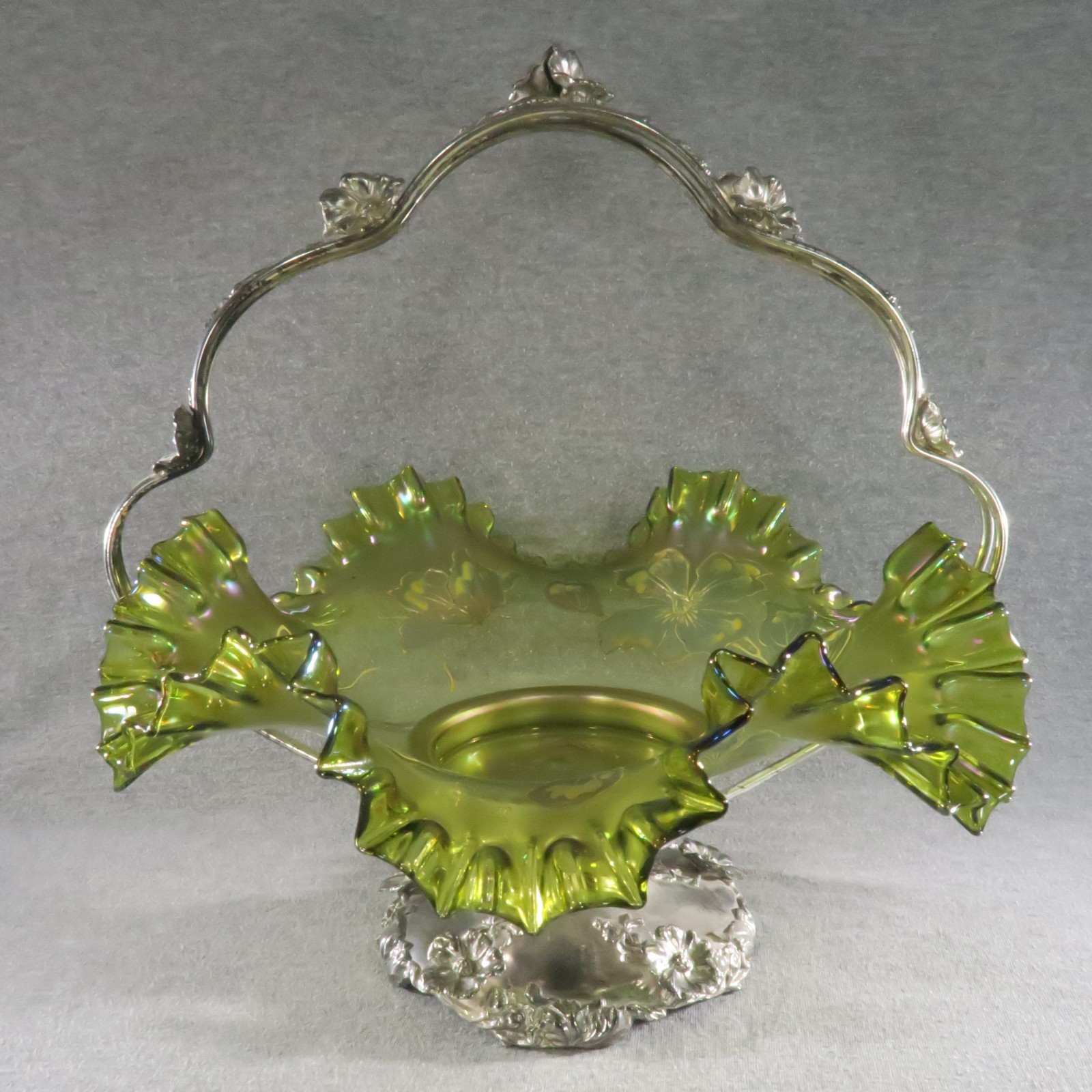 Antique Brides Basket Green Iridescent Ruffled Art Glass Silverplate Art Nouveau
