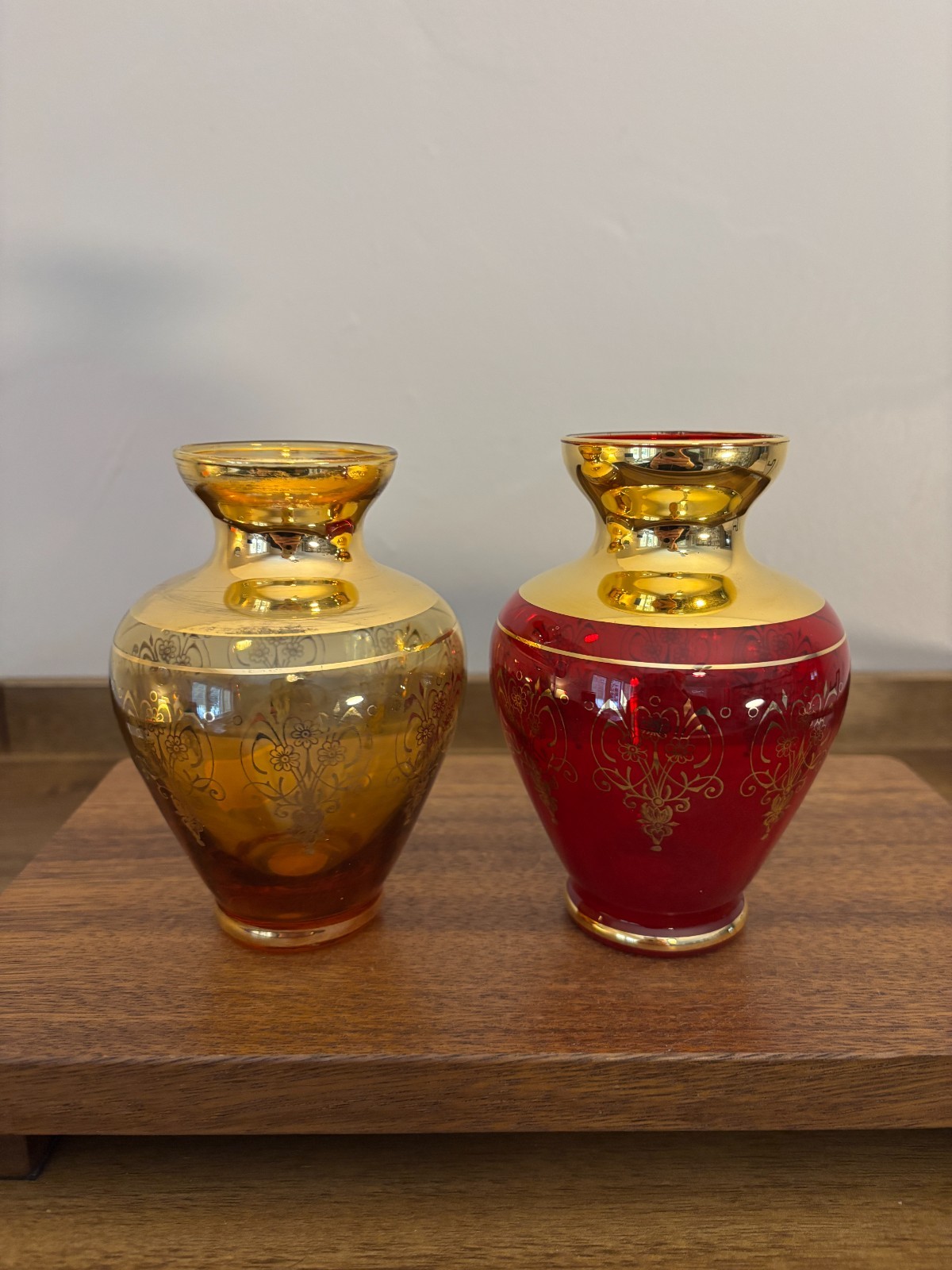 Empoli Glass Amber Ruby Red Gold Accent Decorated in Murano Small Vases Set of 2