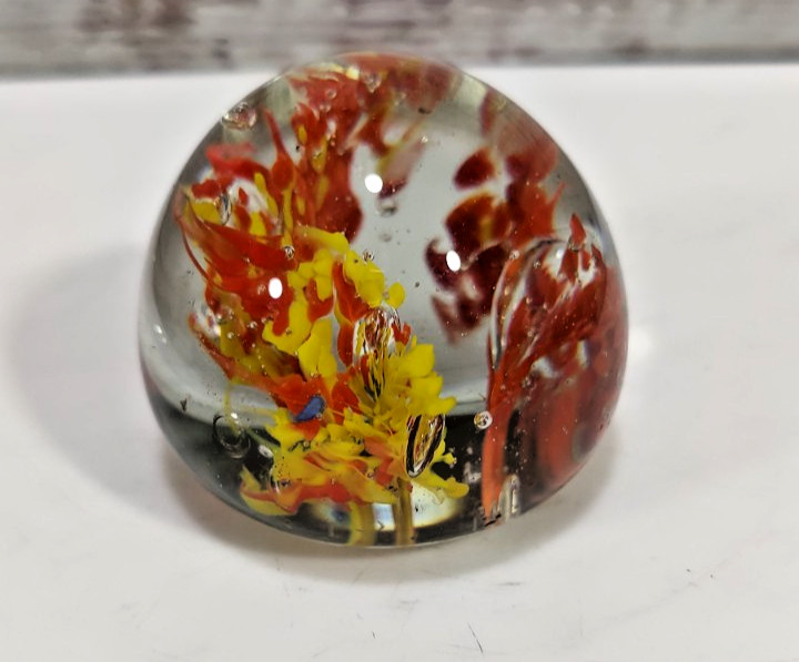 Vintage 1970s Art Glass Paperweight Red, Orange, and Yellow Florals 2″ T 2.25″ W