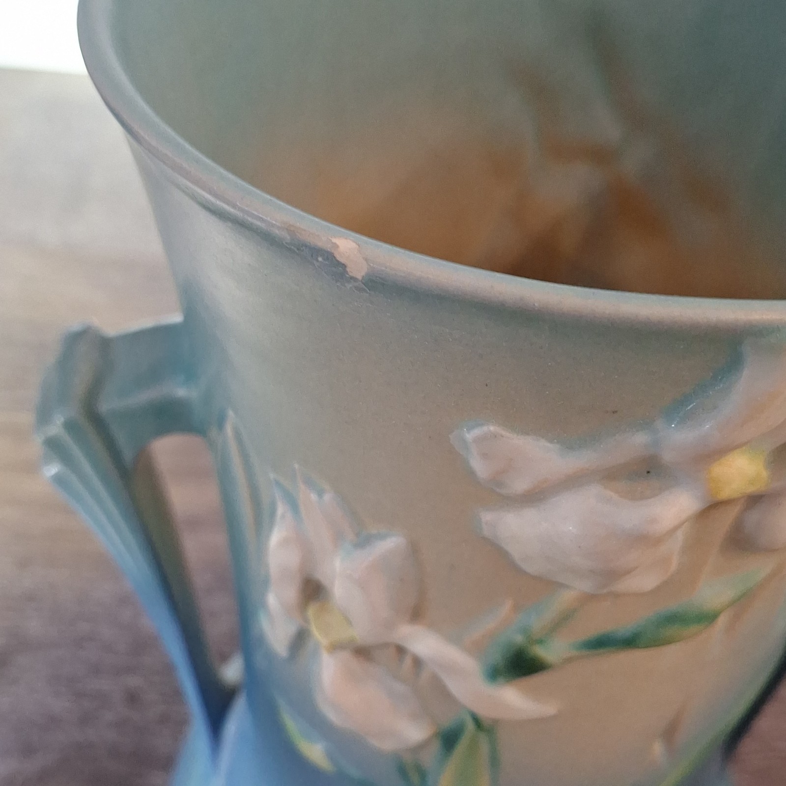 Roseville Ceramic Floral Iris Blue Green White Vase With Handle Decorative Matte