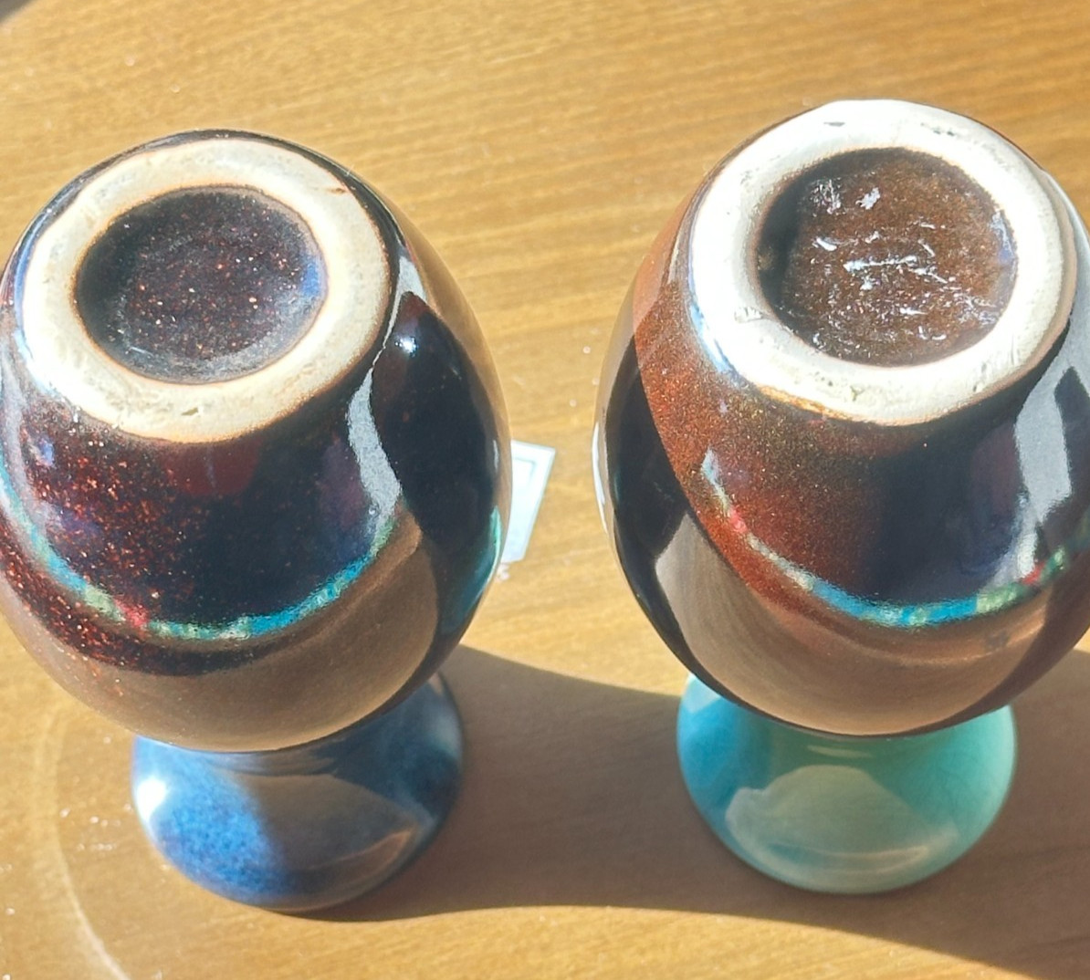 Set of 2 – Vintage Pottery Vase, Teal/Brown/Green Crackle & Blue/Brown 4.5″ Tall