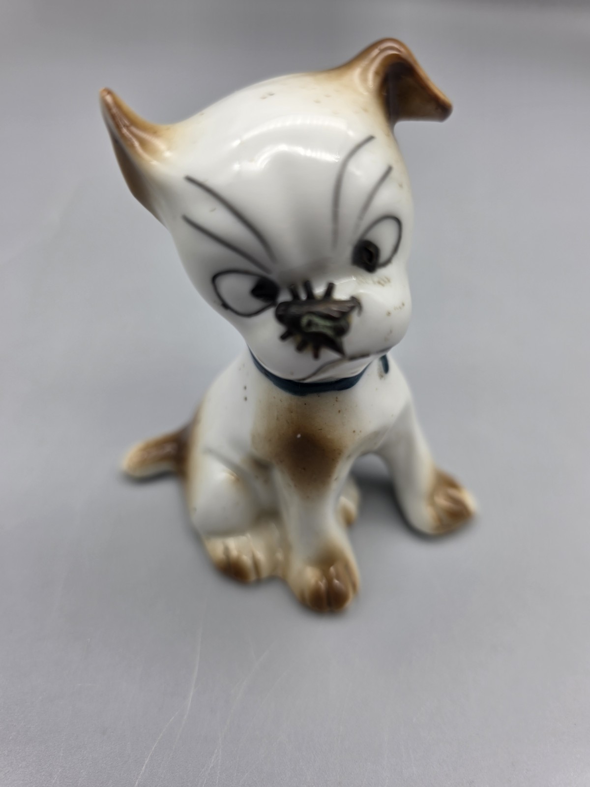 Vintage Porcelain Puppy Dog Figurine W Fly on Nose Brown Speckled Germany #5562