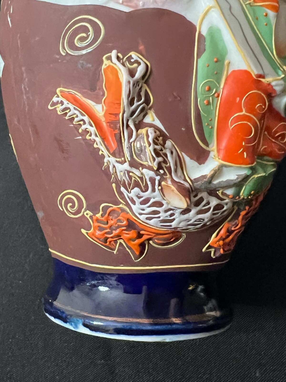 Vintage Japanese Moriage Dragon Ware Vase Double Handles Gold Accents 6″
