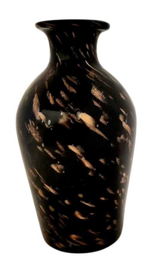 Vintage 1960s Black Gold Italian Adventurine Hollywood Regency Art Glass Vase 8″