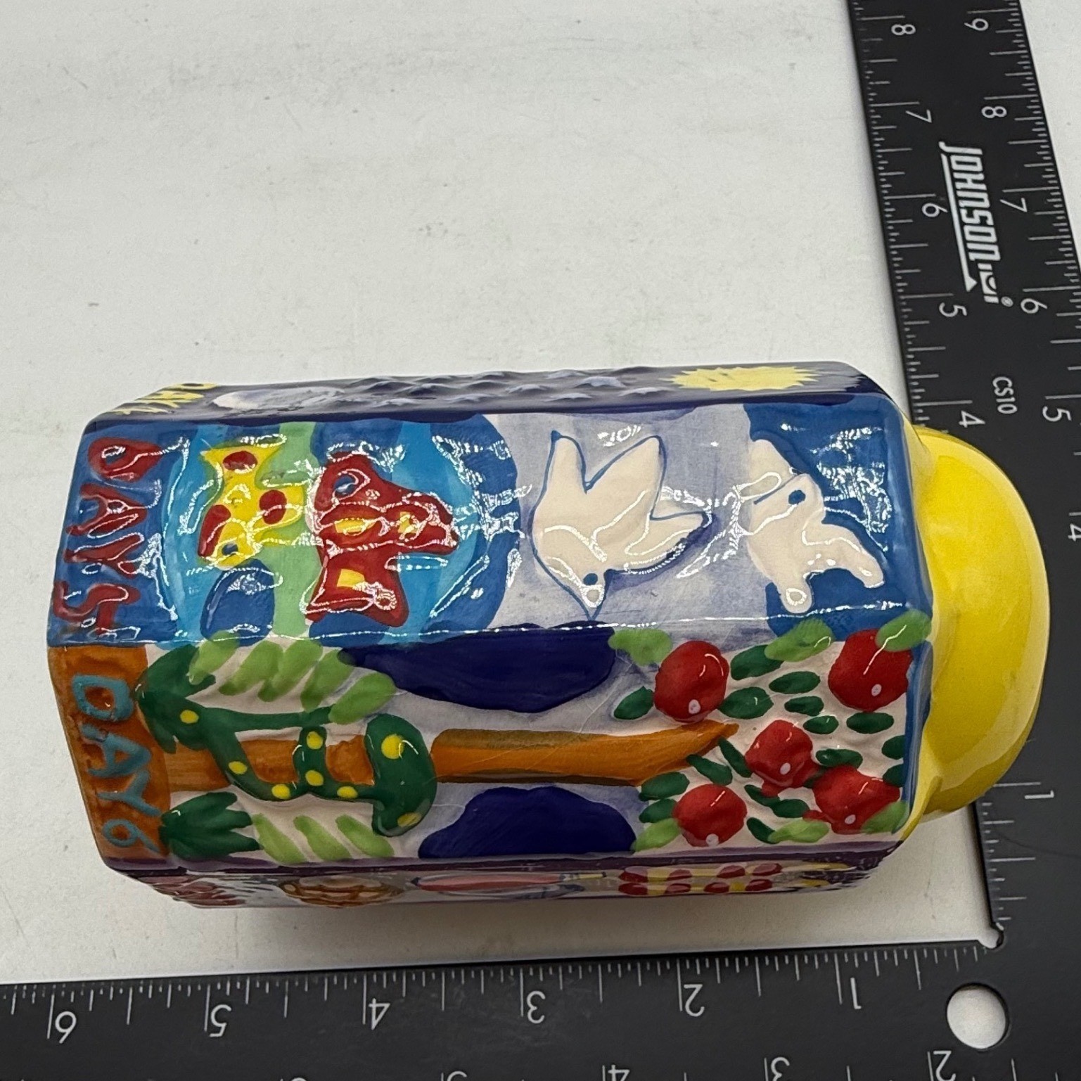 Hand Painted Ceramic Seven Days of Creation Hexagonal Piggy Bank Tzedakah Box