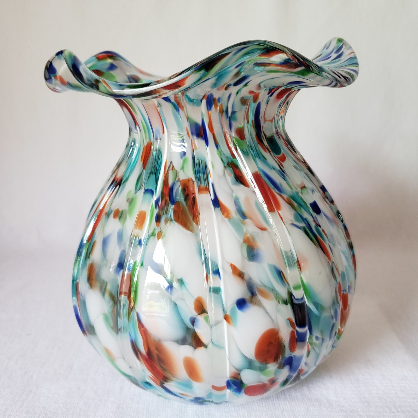 Studio Art Glass Confetti Vase Hand Blown Multicolor Ribbed Wavy Lip 5.25″H 2+lb