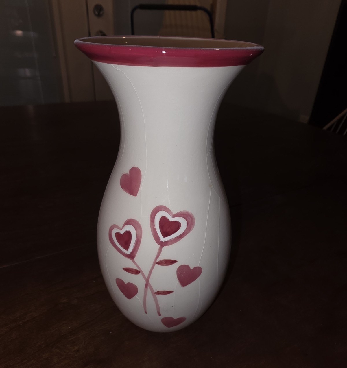 Unmarked Ceramic Vase White & Pink Hearts Love Theme Glossy Decorative