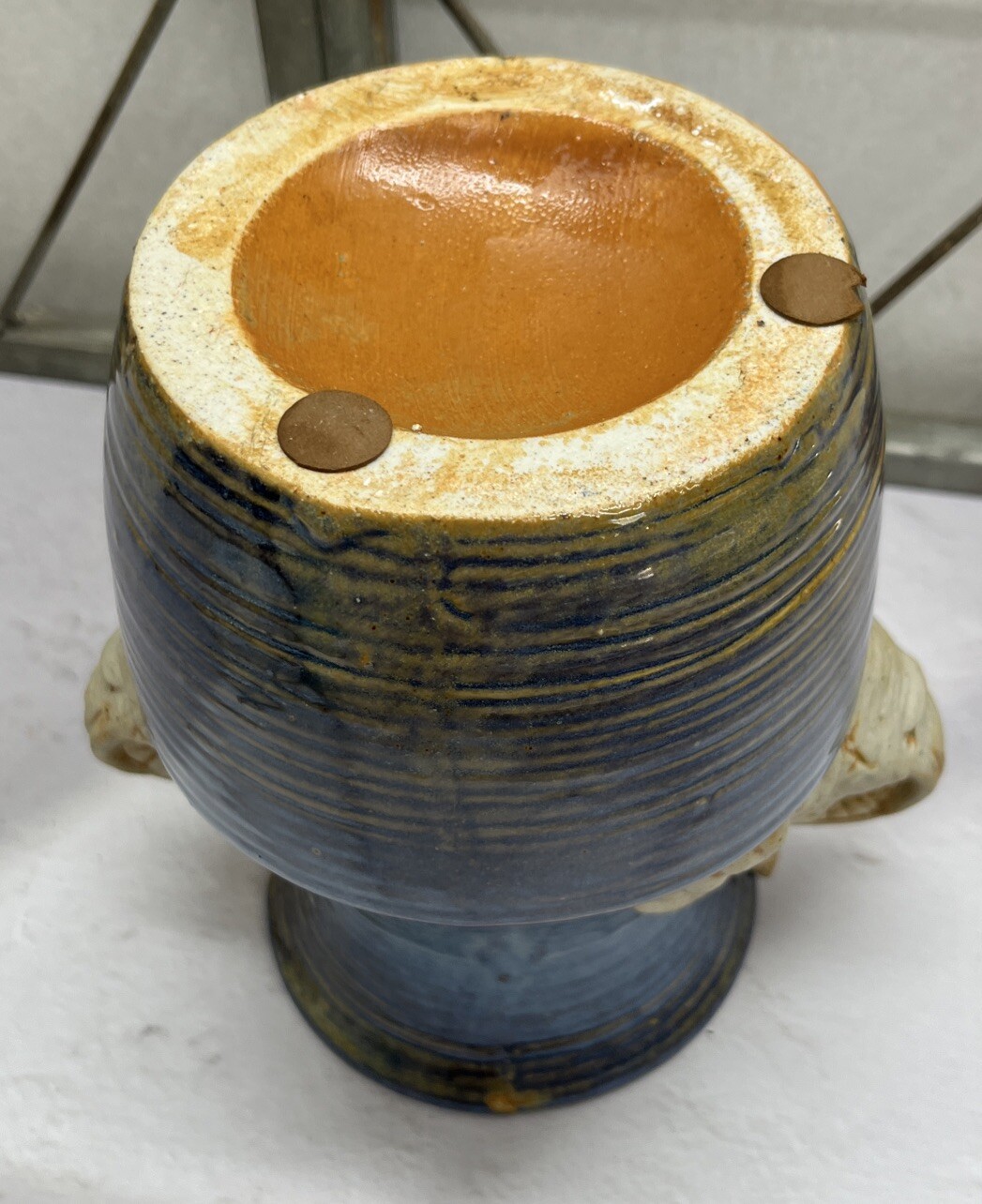 Vase Elephant Trunk Up Handles Terracotta Glazed Blue And Beige 7 1/2 In Tall