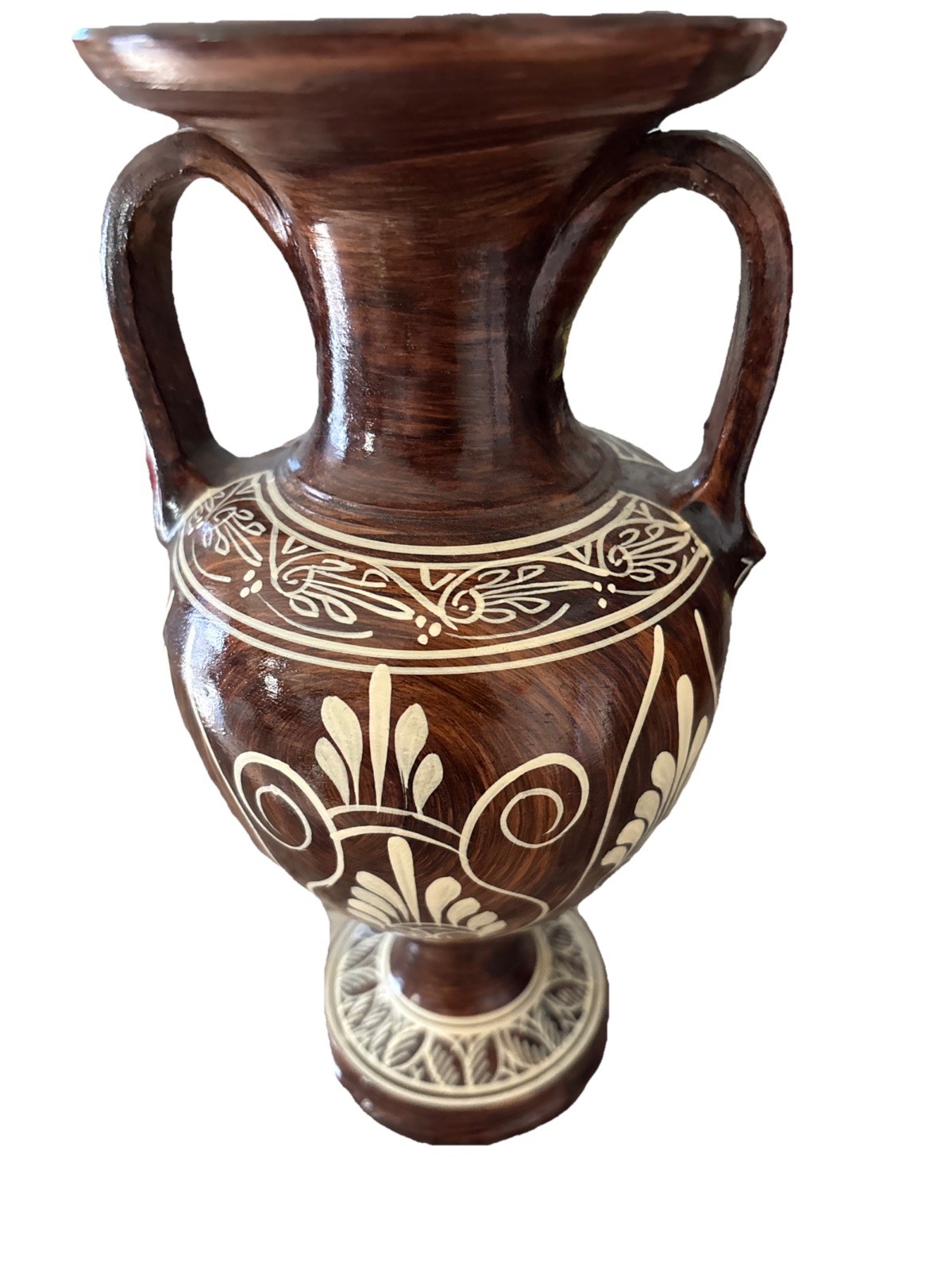 Vintage Mid-Century Greek Art Pottery 9.5” Vase Set Amphora Shaped Wood Glazed