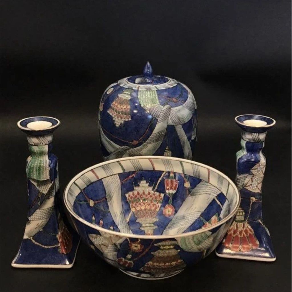 Vintage Antique Chinese Porcelain Asian Set Jar Bowl Candlesticks Vase