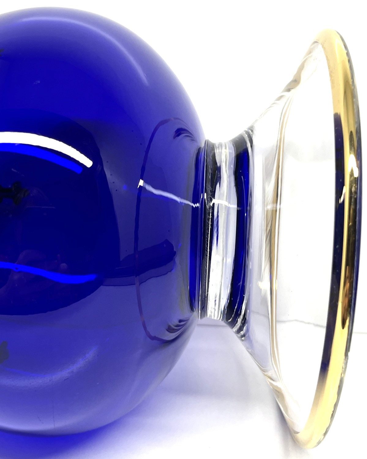 Ornate Italian Centerpiece Vase Sapphire Electric Blue Glass W/Gold Lrg 9″ Vtg
