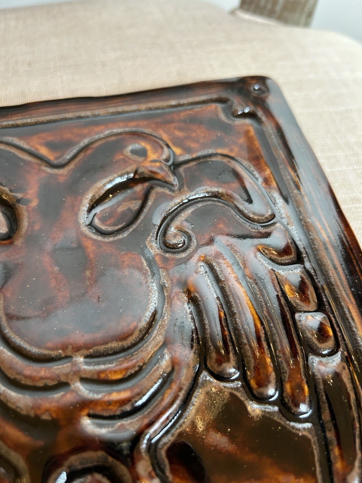 VTG Pewabic Pottery Two Headed Imperial Eagle 7.5” Tile With Tortoiseshell Glaze