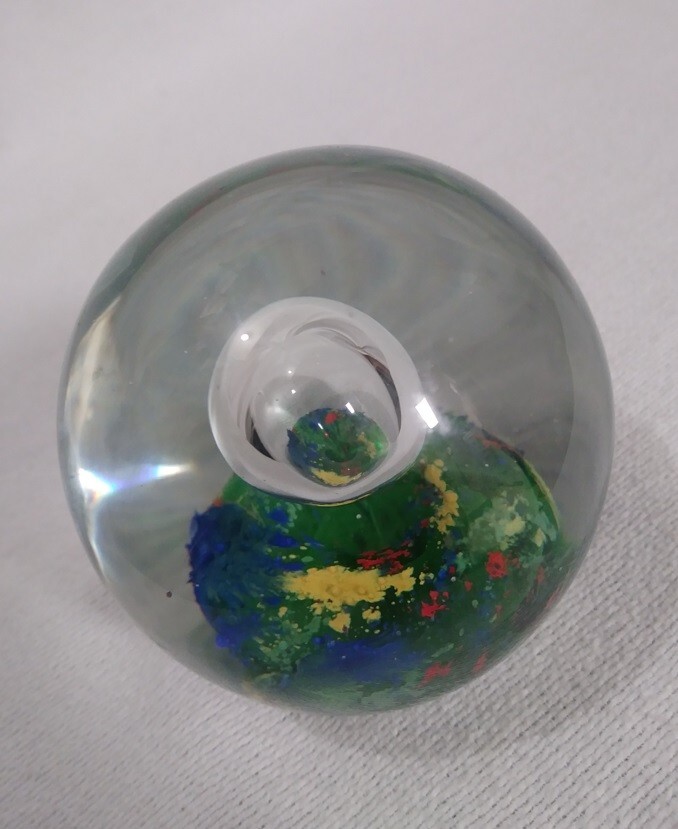 Art Glass Clear Round Glass Paperweight Bubble + Blue Red Yellow Color Splotch