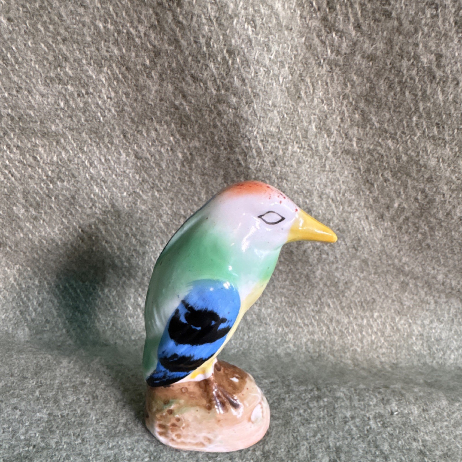 Colorful Glossy Ceramic Bird Figurine Japan Green Blue Yellow Brown White